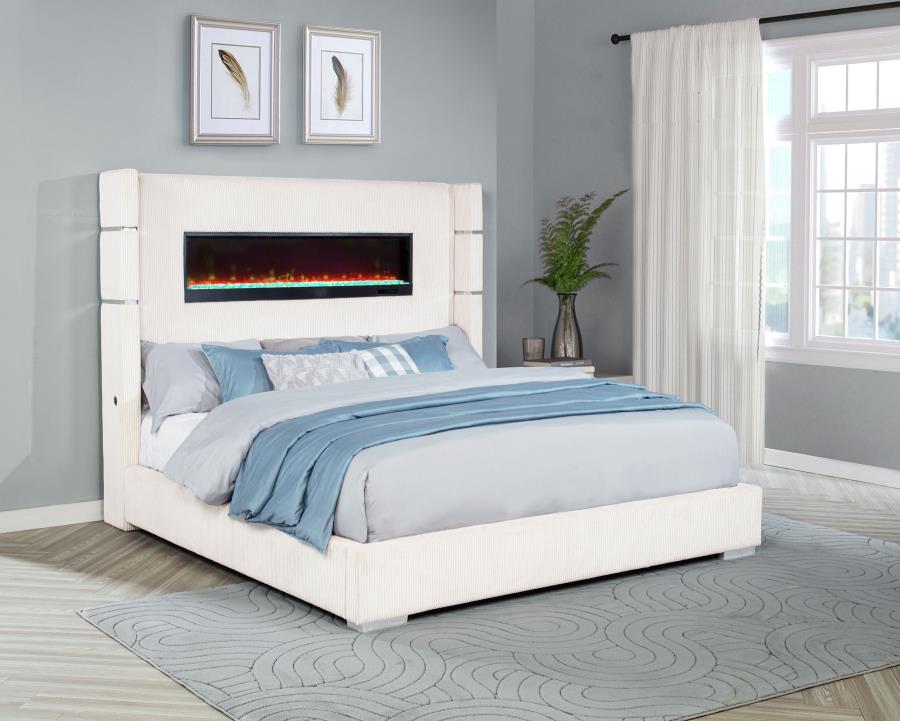 Tisdall Upholstered Eastern King Flame Visualizer Bed Cream - 306032KE
