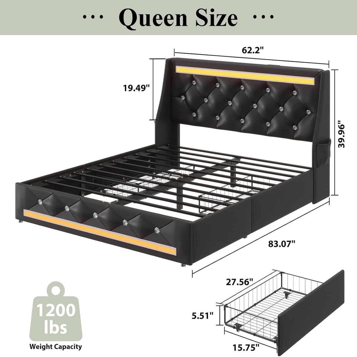 Wingback Upholstered Bed Frame With LED Lights, Charging Station