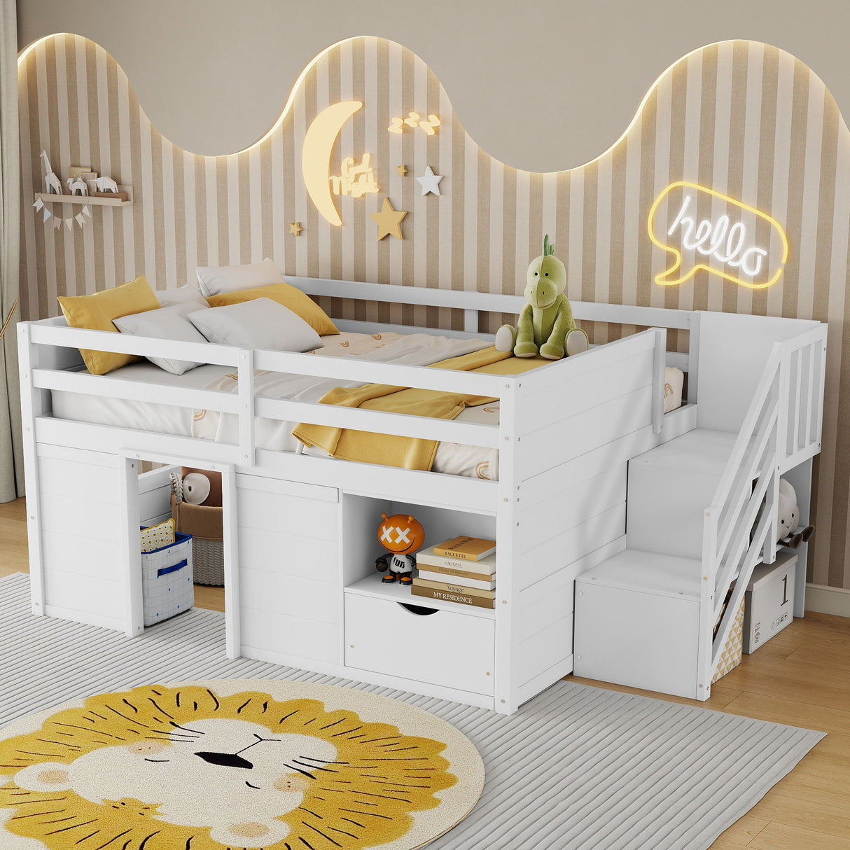Low Loft Bed Frame With Built In Stairs, Storage Drawer, Shelf And 7 Color LED Light