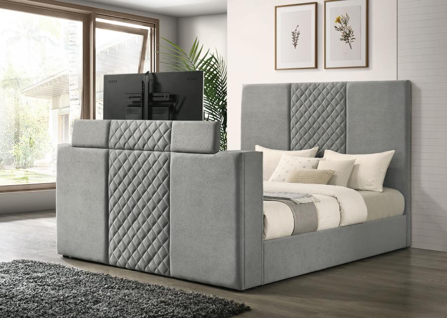 Tara 61-inch Upholstered Eastern King Panel TV Bed Grey - 315994KE