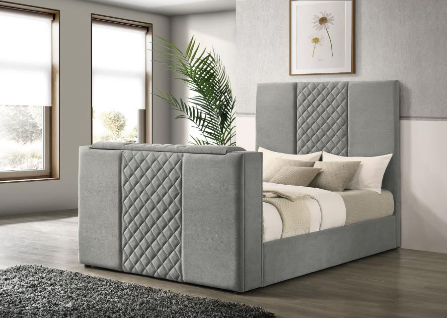 Tara 61-inch Upholstered Queen Panel TV Bed Grey - 315994Q