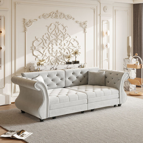 Oversized Chesterfield Pull Out Sofa Bed, Roll Arm Couch With Flower Tufting For Living Room