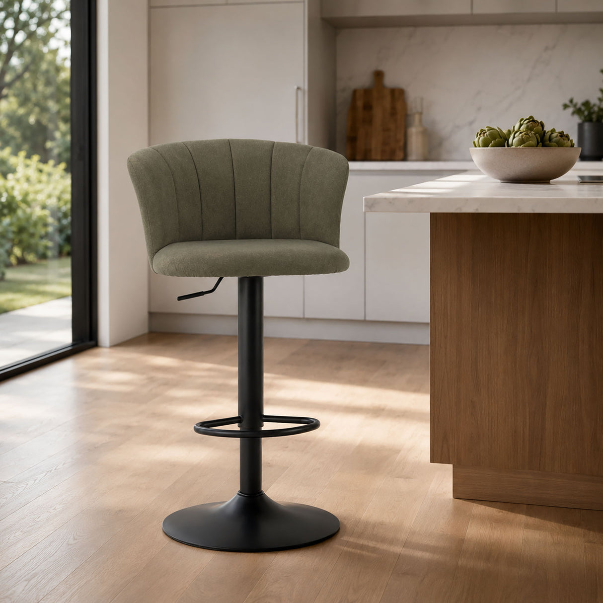 Swivel Bar Stool With Curved Upholstered Backrest And Footrest - Green