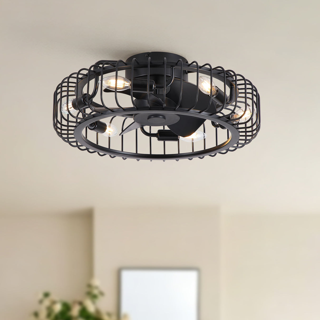 Flush Mount Ceiling Fan With Lights, Low Profile Fandelier With E12 Sockets, Reversible DC Motor, 6 Speeds - Black