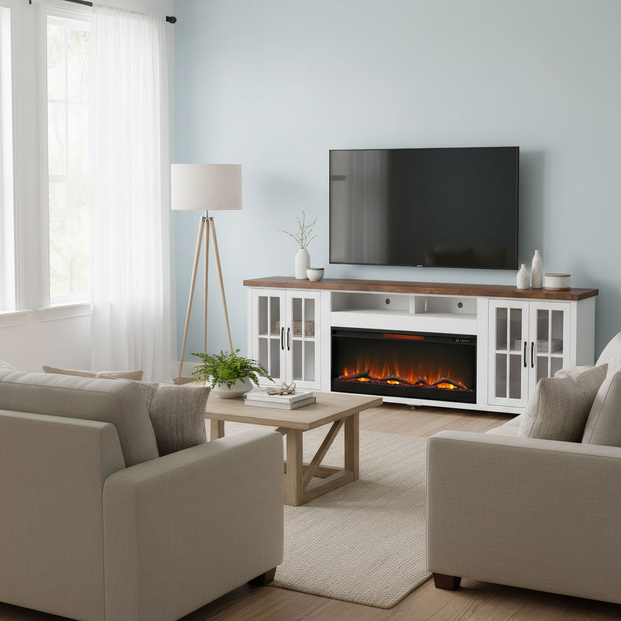 Fireplace TV Stand Console & Fixed Shelves