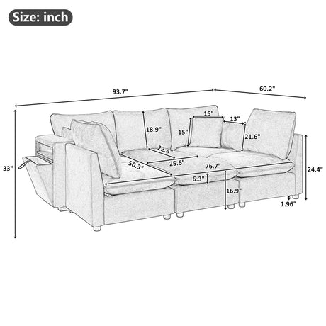 Modern Sectional Sofa U-Shaped With Movable Ottoman Storage Armrests And USB Ports