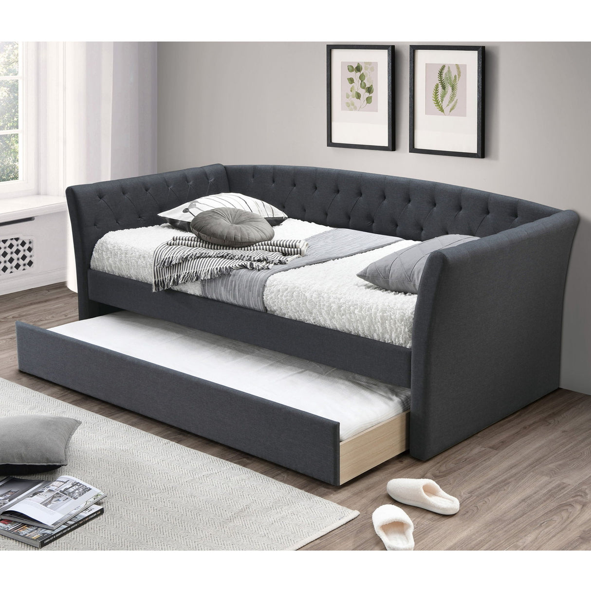 Daybed With Trundle Button Tufted Slat Included - Charcoal