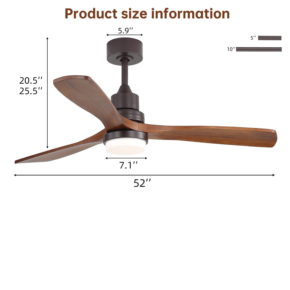 52" Ceiling Fan With LED Light, 3 Adjustable Color Temperatures, Reversible DC Motor For Living Room & Bedroom - Coffee