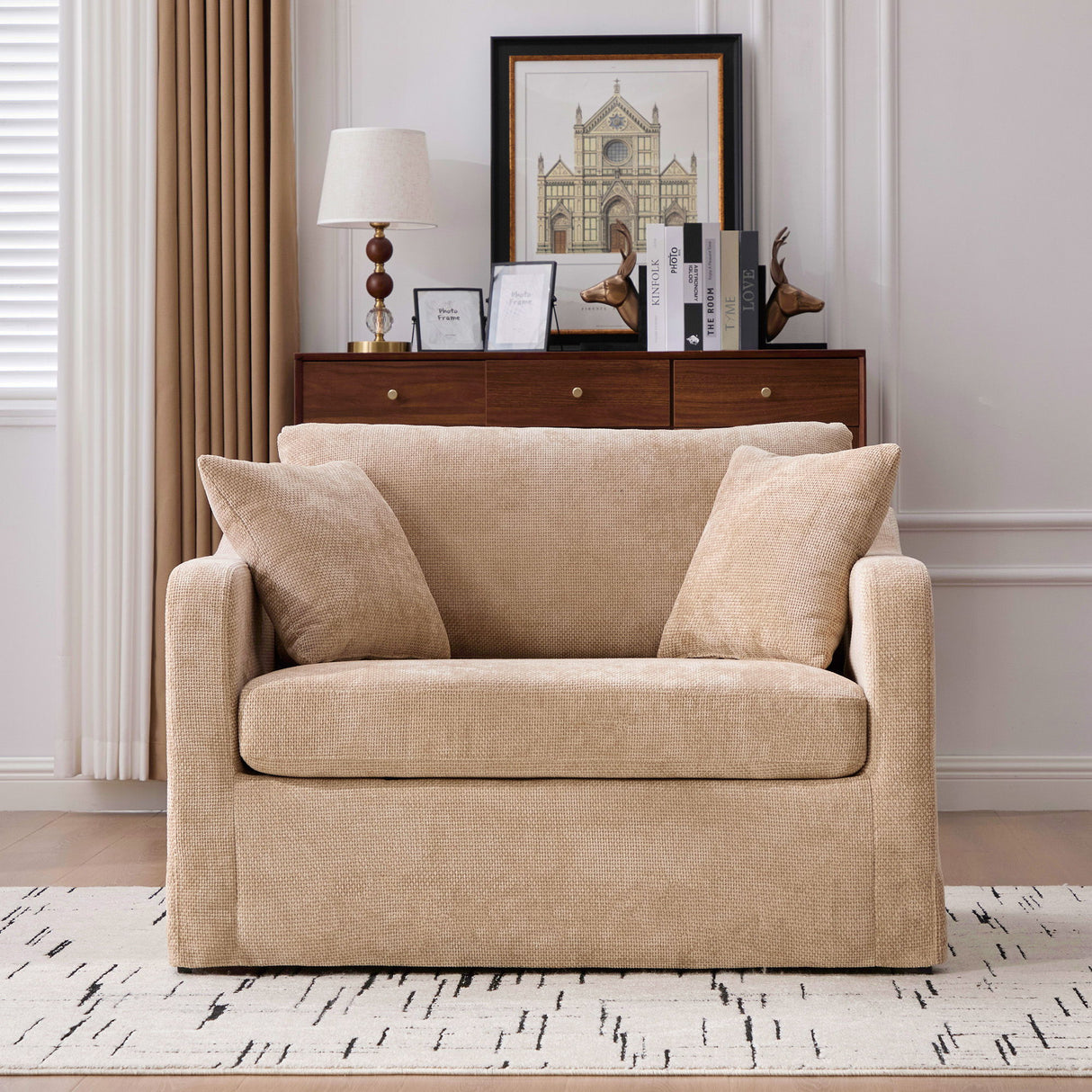 Farmhouse Accent Chair With 2 Bolster Pillows