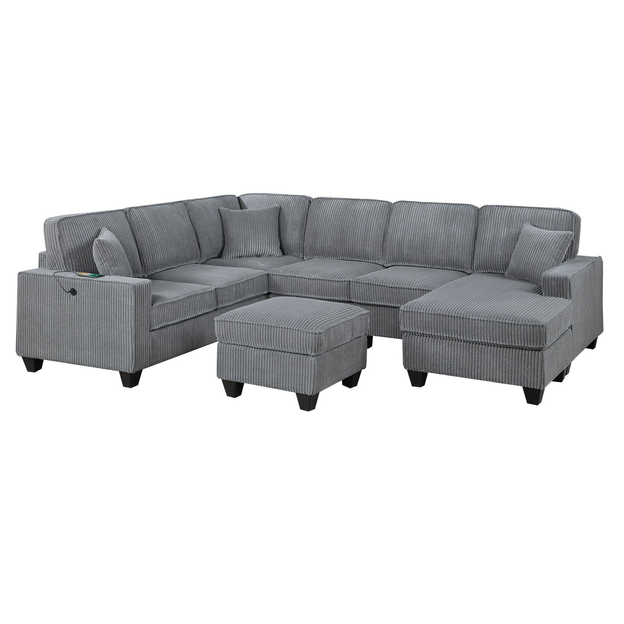 Left Arm Facing Loveseat With USB Port And Storage Sectional Set With Corner Wedge Armless Chair And Cocktail Ottoman - Fog