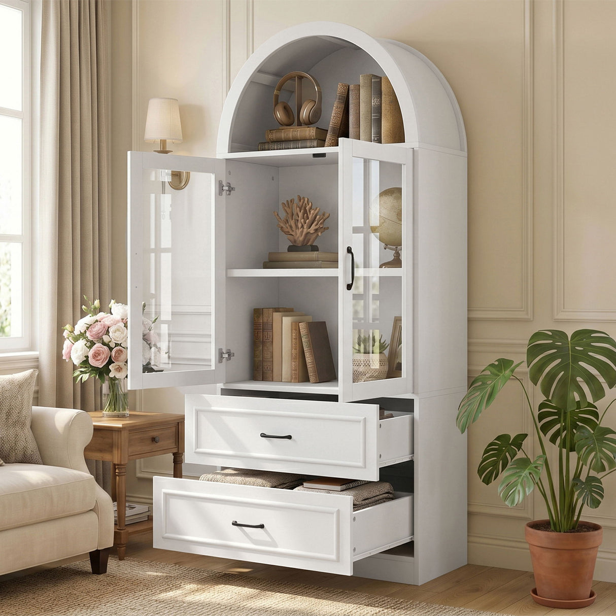 Arched Top Storage Cabinet With Fixed 2 Tier Shelves, 2 Large Drawers