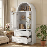 Arched Top Storage Cabinet With Fixed 2 Tier Shelves, 2 Large Drawers