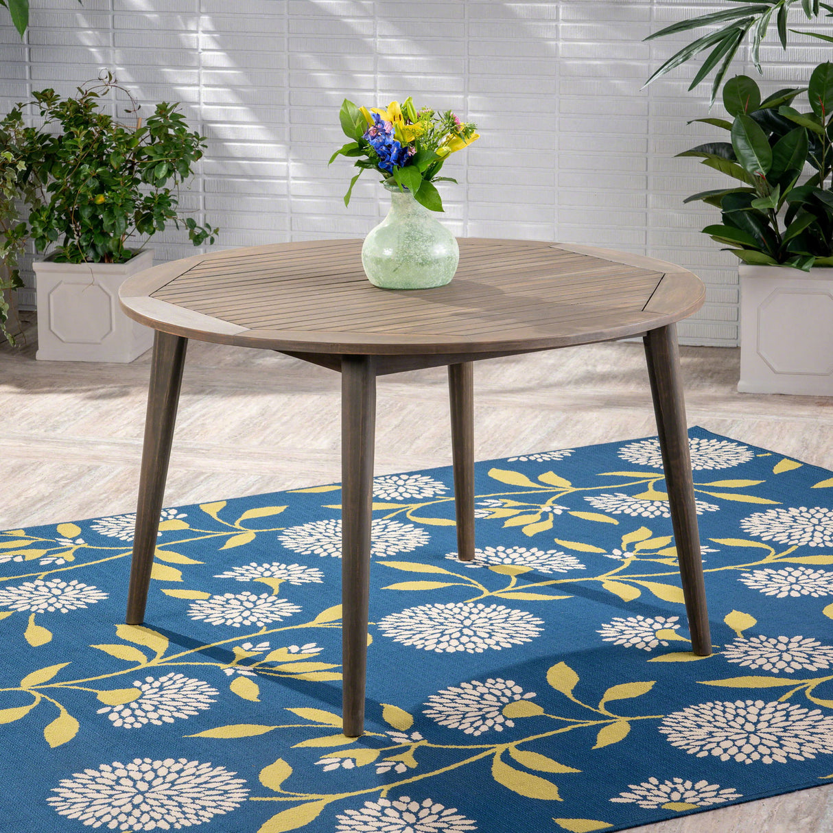Round Outdoor Patio Table With Slatted Top - Gray
