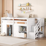 Low Loft Bed With Stair, Drawer, And Shelf