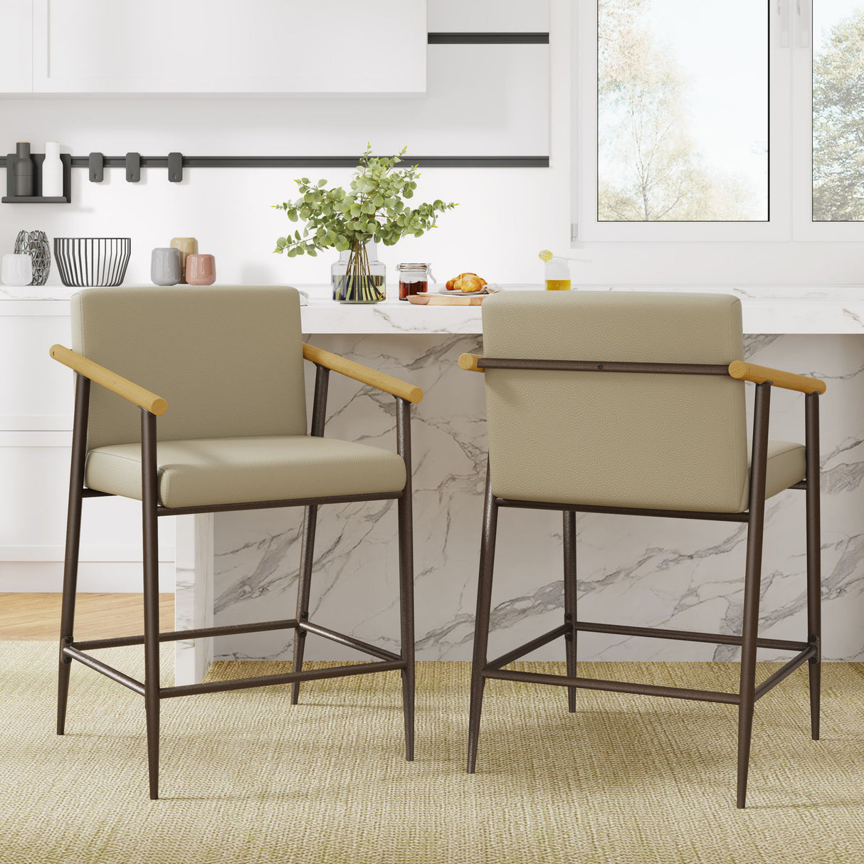 Counter Stool Set With Espresso Metal Frame - Khaki