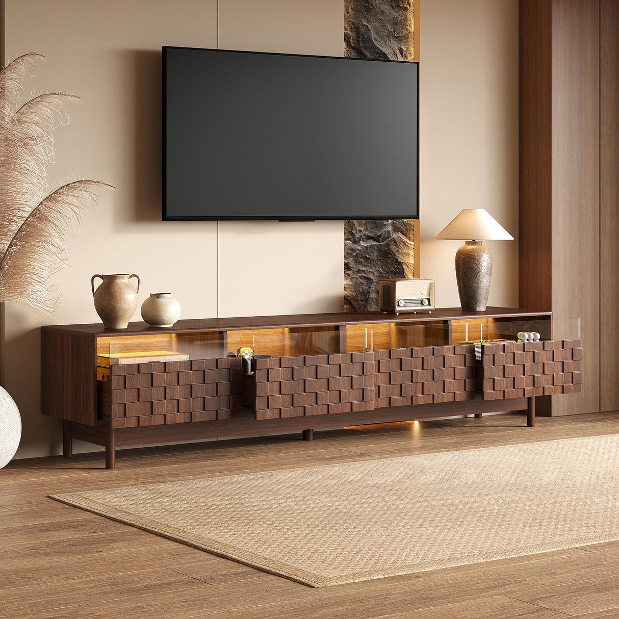 TV Stand With LED Lights And Glass Drawers For Living Room - Walnut