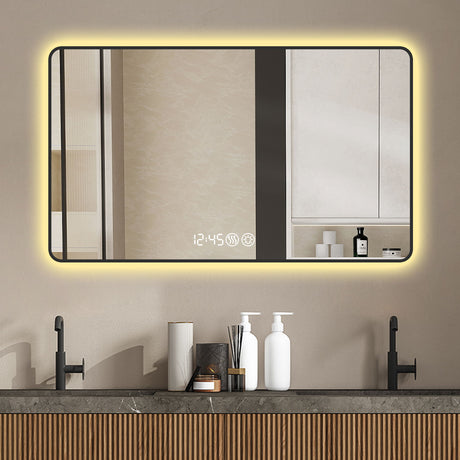 Wall Mirror With Rounded Corners, Temperature Display, Tri-Color Light, Defogging
