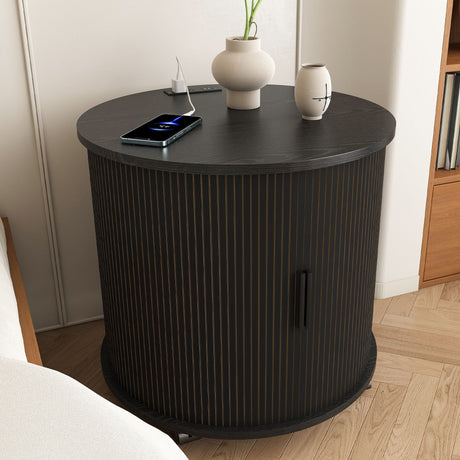 Cylinder Nightstand With Charging Station & Sliding Door