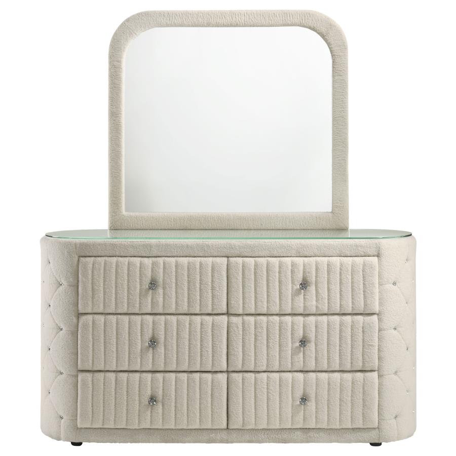 Sonya 6-drawer Upholstered Bedroom Dresser with Mirror Ivory - 360113M