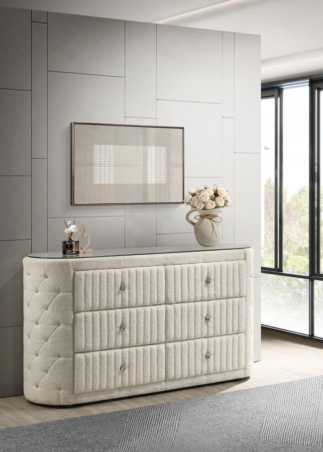 Sonya 6-drawer Upholstered Bedroom Dresser Ivory - 360113