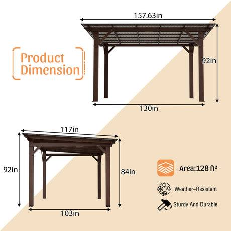 13 X 10 Ft Gazebo With Roof, Spacious Outdoor Patio Shade Structure For Backyard & Garden - Brown