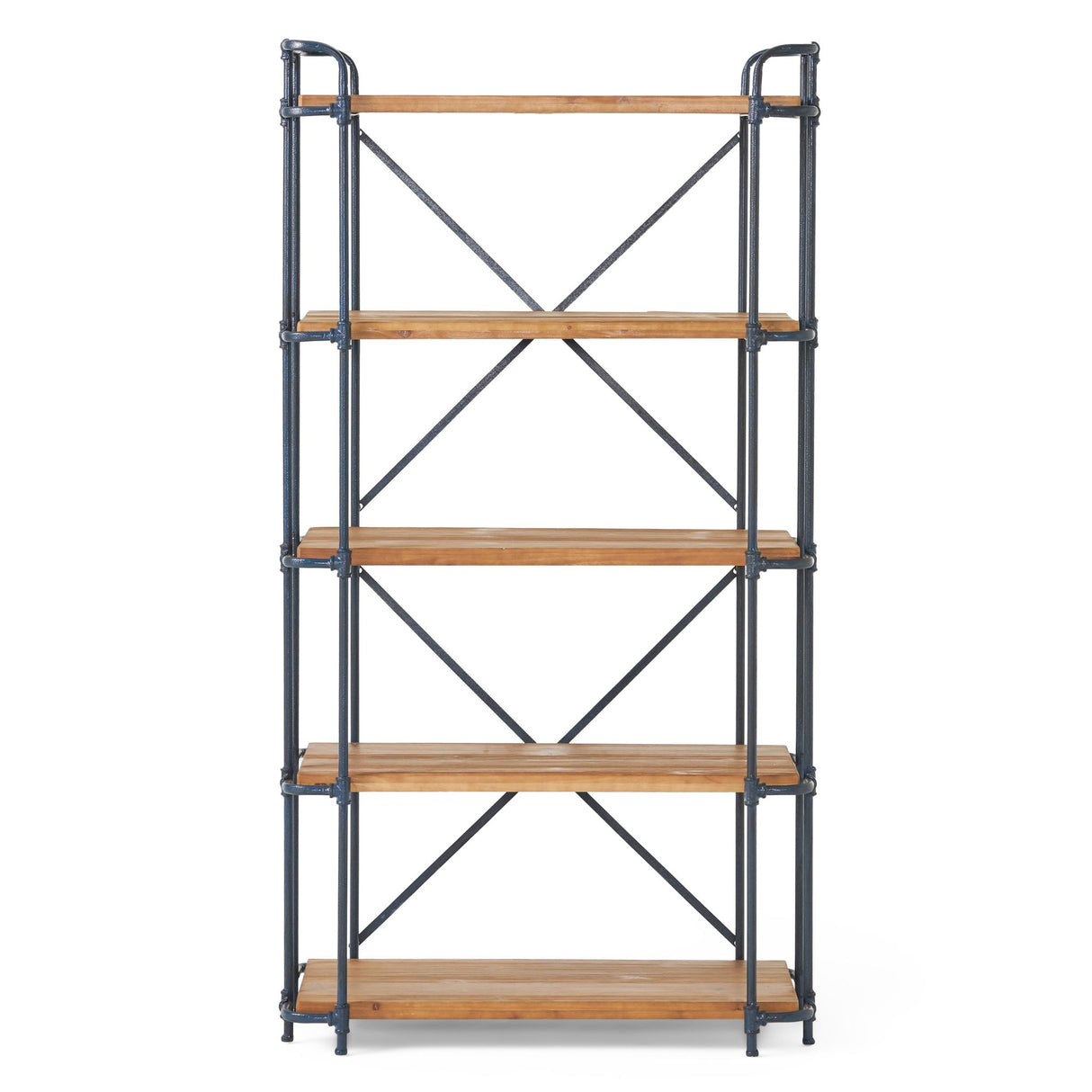 Yorktown - Industrial 5 Shelf Bookcase With Metal Pipework And Solid Fir - Natural