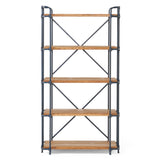 Yorktown - Industrial 5 Shelf Bookcase With Metal Pipework And Solid Fir - Natural