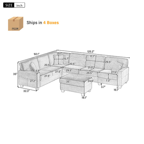 Upholstered U-Shaped Sectional Sofa With Movable Ottoman And Side Storage Pockets