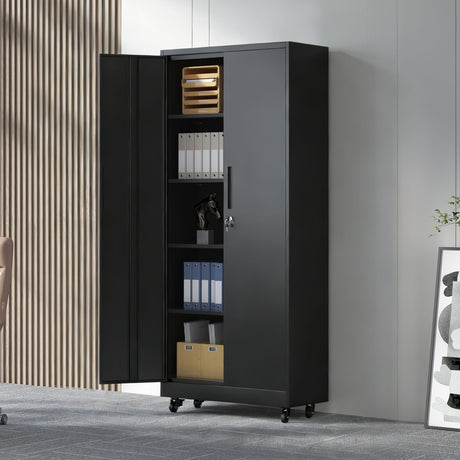 Heavy Duty Rolling Cabinet With Lock, Garage Storage Cabinet, 4 Adjustable Shelves For Tool Organization