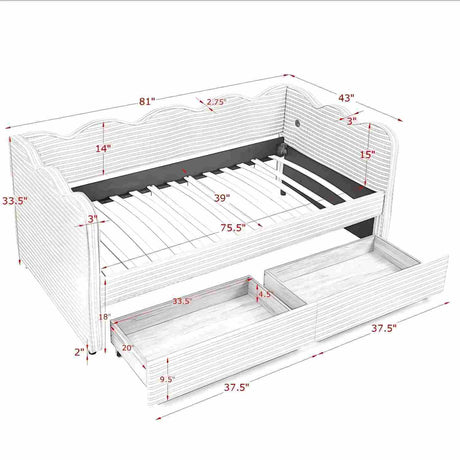 Gingham Daybed With USB Charging Port, Wave-Shaped Design
