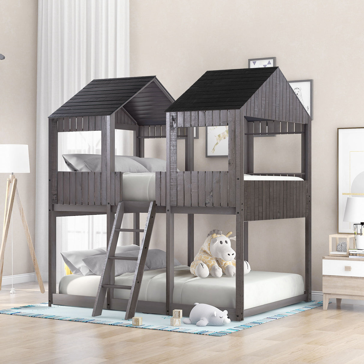 Bunk Bed With Roof, Window, Guardrail, Ladder
