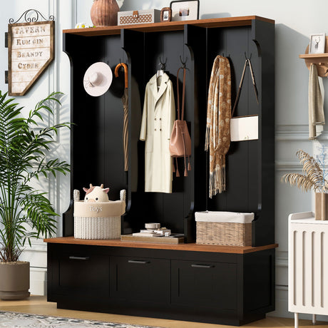 Hall Tree With Bench And Shoe Storage, 3 Large Drawers, Open Storage Shelves & Hooks