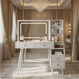 Fluted Vanity Desk With Lighted Mirror & Outlet 4 Drawer, Makeup Table - White