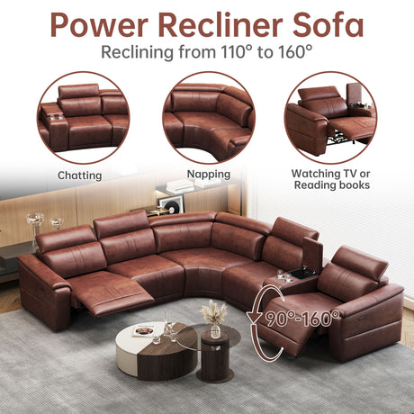6 Piece Modular Sectional Sofa With 2 Cup Holders, Adjustable Recliners - Dark Brown