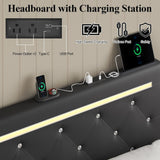 Upholstered Bed Frame With LED Lights, 4 Storage Drawers, Charging Station