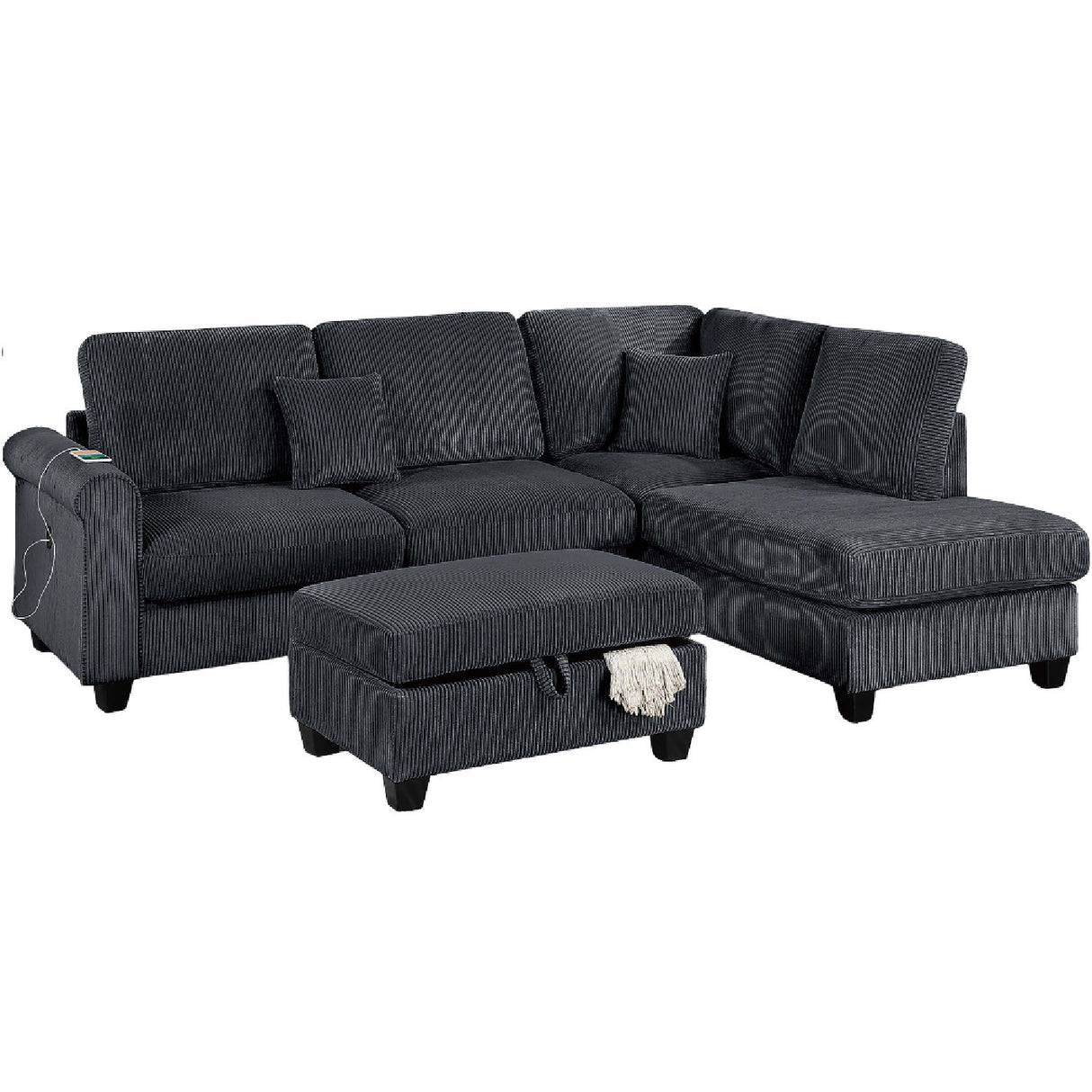 Contemporary Sectional Set With Right Arm Chaise, Left Arm Sofa With USB Port, Storage Ottoman