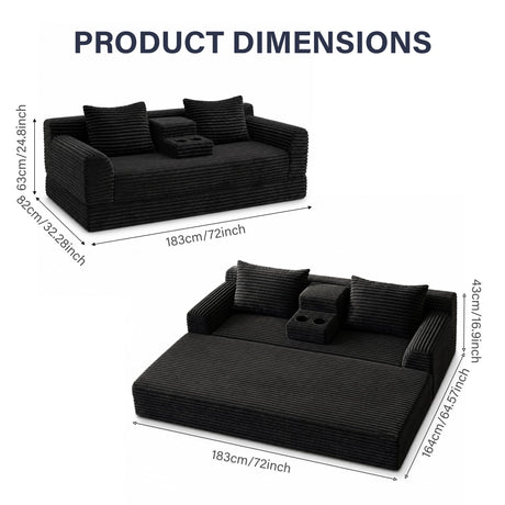 Soft Striped Convertible Sofa Bed, Dual Use Lounge Couch With Cup Holders And Pillows