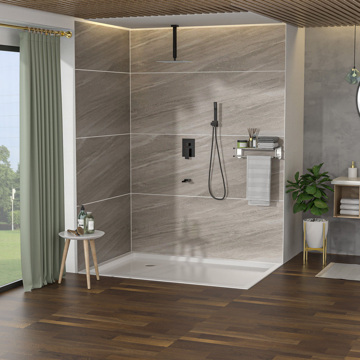Modern Shower System With Waterfall Tub Spout, 12" Ceiling Mount Square Shower