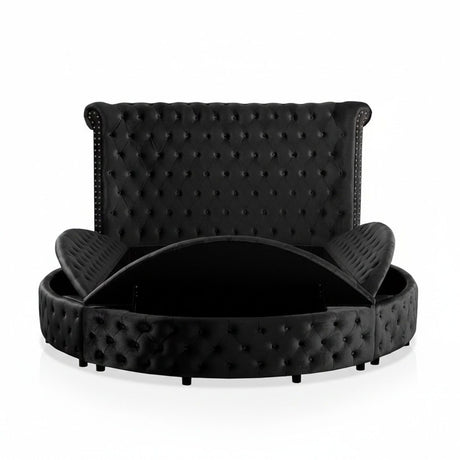 Glam Button Tufted Wingback Round Bed With Storage And USB Ports