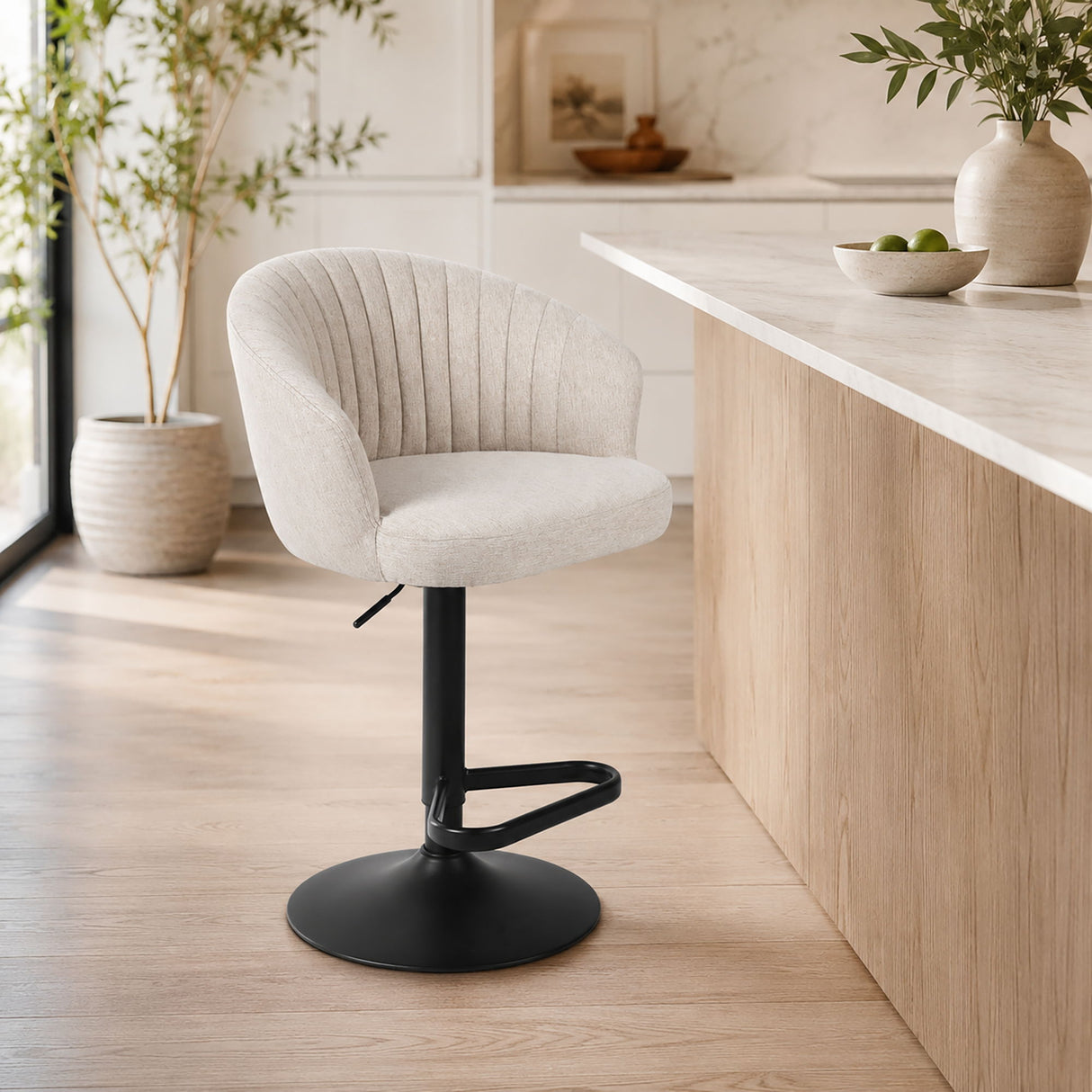 Adjustable Swivel Bar Stool With Upholstered Seat - Beige