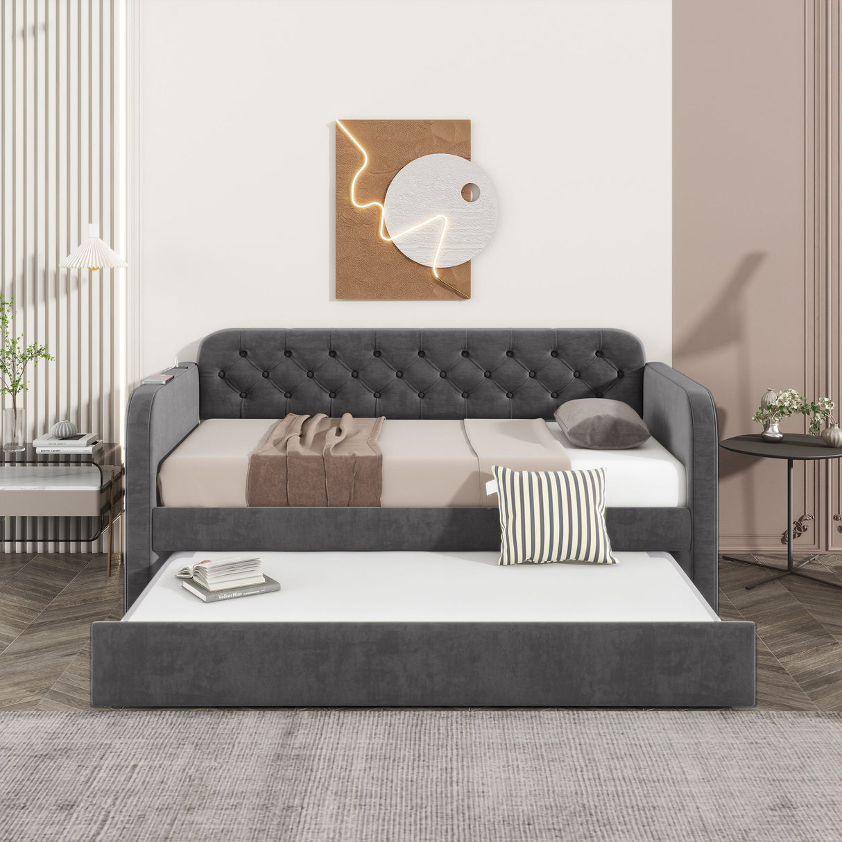 Upholstered Daybed With Trundle And USB Charging Design