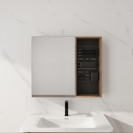 Wall Mounted Bathroom Mirror Cabinet & Adjustable Shelves - Imitative Oak