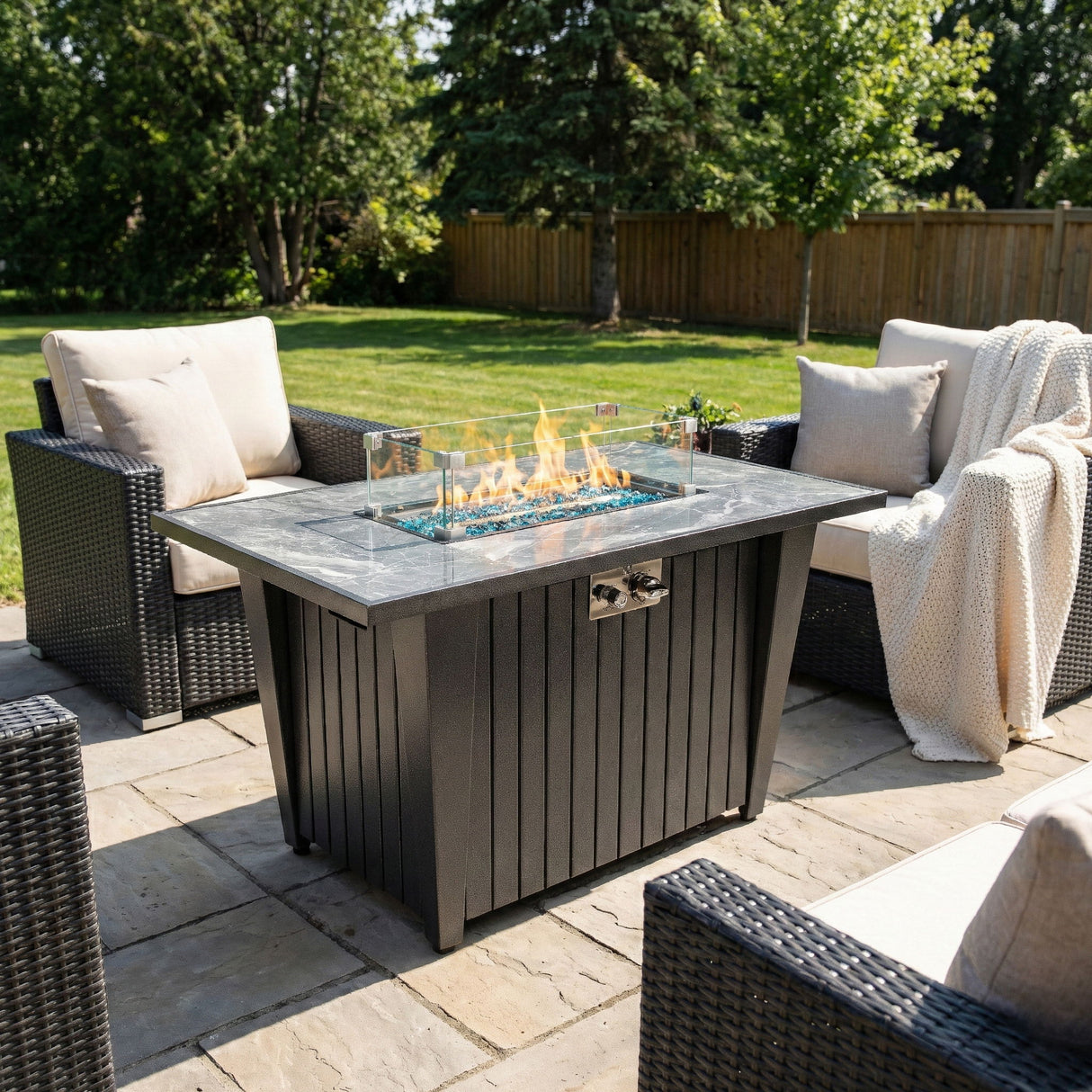 Morden Steel Fire Pit Table With Marble Tile Tabletop, Glass Wind Guard And Lid