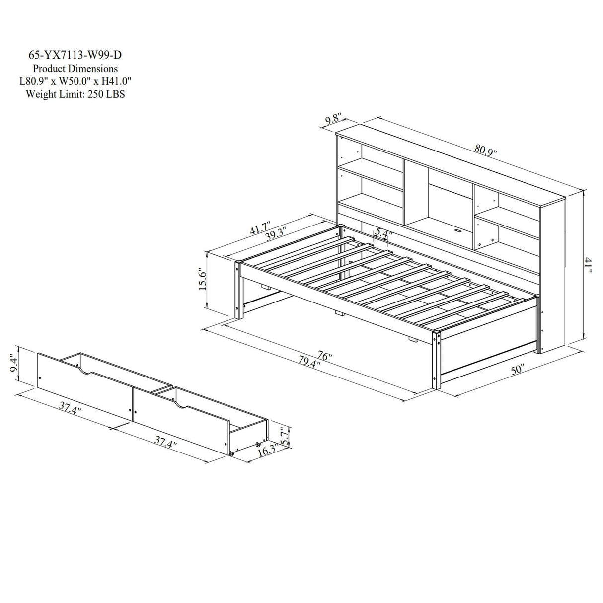 Bed Frame With Side Bookshelves, 2 Drawers, And Built In USB Port