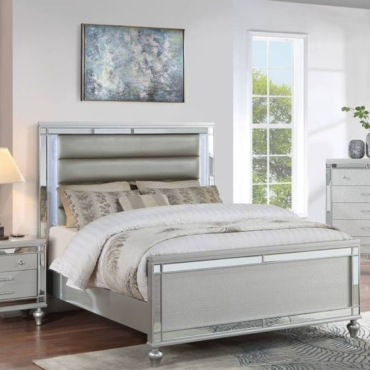 Modern Bed With LED Lights And Glass Panels, 2 Nightstands