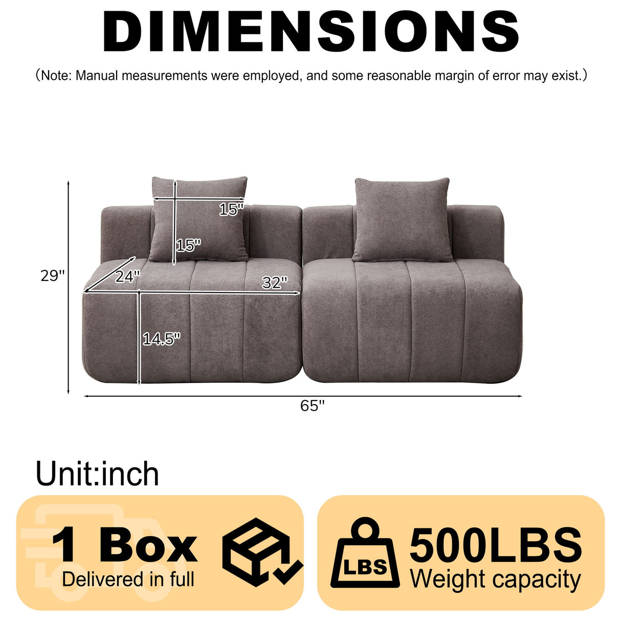 Modular Sectional Sofa With 2 Pillows, Symmetrical Design