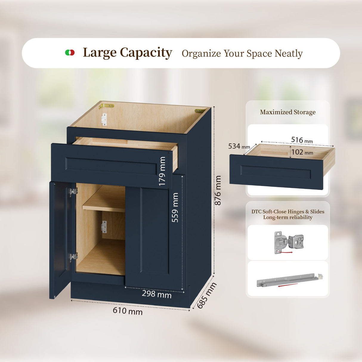 Shaker Base Cabinet With Soft-Close Drawer & Double Doors, Adjustable Shelf