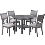 5 Piece Dining Set With Storage Shelves Round Table And Upholstered Side Chairs - Gray