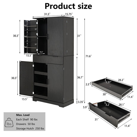 Fluted Kitchen Pantry Cabinet With 3 Keyboard Drawers & 6 Door Shelves Adjustable