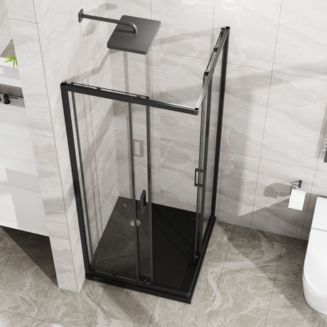 Corner Sliding Shower Door And Shower Base Combo Kit No Drain Kit - Matte Black